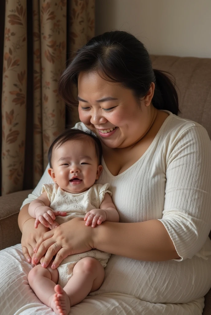 I want to create a picture, Put it on the website of the maternal and child products company, mother holding cute baby, Need to show warmth、maternal care、With a smile on his face、happy feeling, No need to deliberately reflect the product