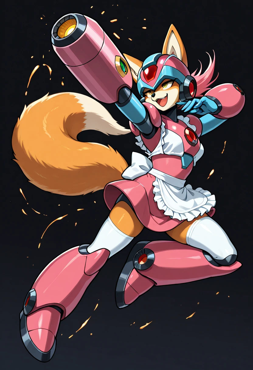 masterpiece, best quality, highres, detailed, digital artwork, full body, solo, (anthro, furry, fox, female, fox tail, long fox ears, orange fur, long pink hair, yellow eyes), android, pink helmet, pink armor, wearing (maid uniform, thigh highs), pink arm blaster (megaman's buster: arm cannon used for shooting), big pink armored shoes, smug smile, open mouth, half-lidded eyes, dynamic pose, jumping, black background with colored glitchy effects