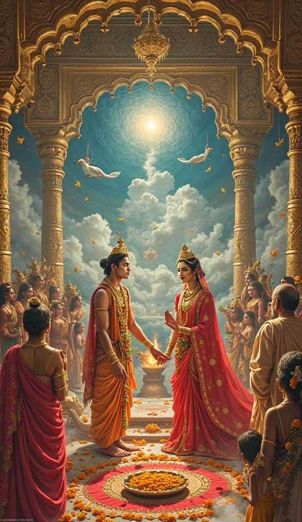 a close up of a painting of a couple in a temple, hindu art, hindu gods, vishnu, ghutra and egal, ditigal painting, sharandula, divinity detailed, blue colored traditional wear, by Thota Vaikuntham, historical image, beautiful godrays, devainart, hindu god, by Raja Ravi Varma, attractive male deity