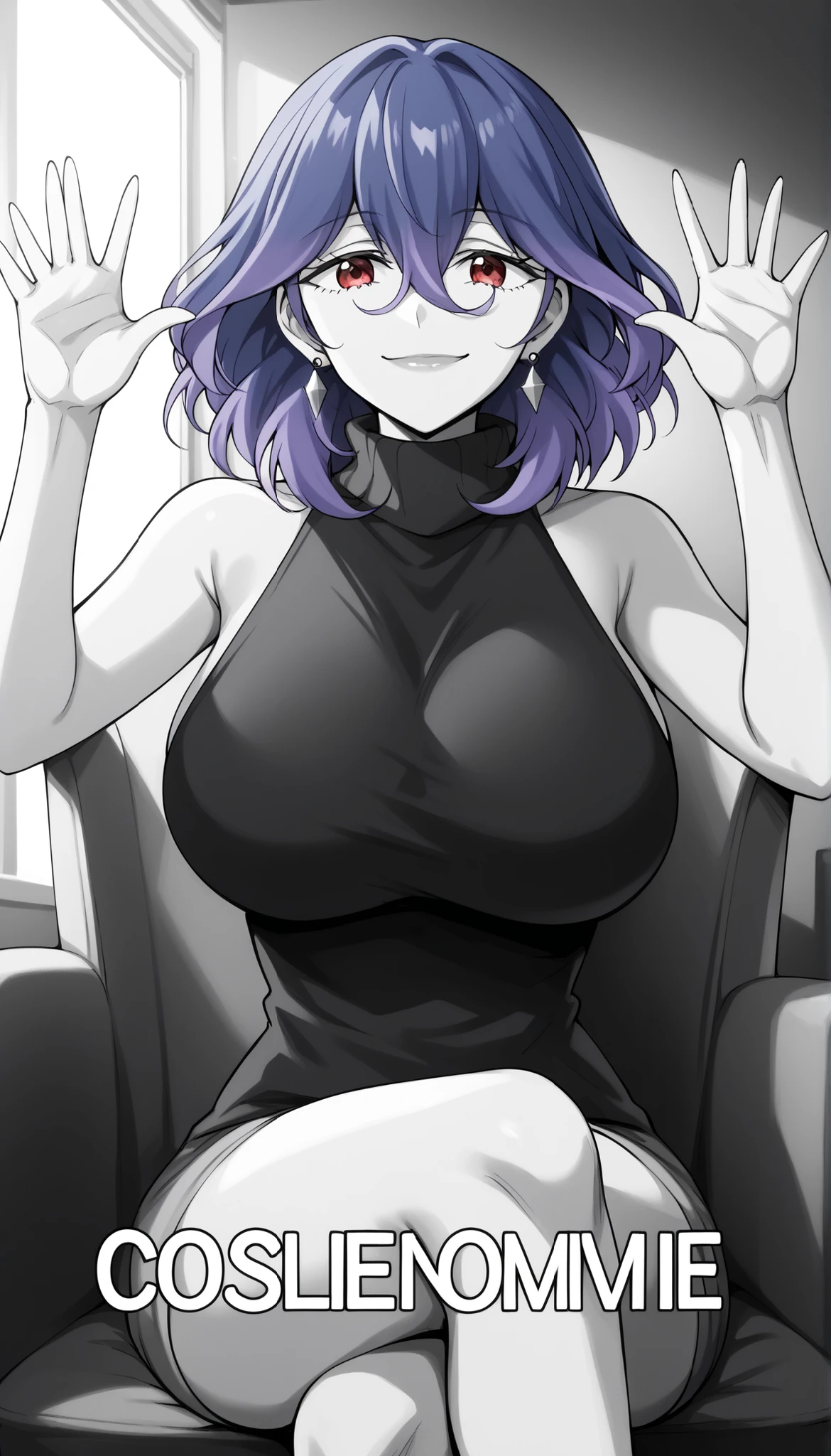 score_9, score_8_up, score_7_up, score_6_up, score_5_up, score_4_up
vermeil, vermeil, red eyes, hair between eyes, blue hair, purple hair, multicolored hair, medium hair,
sweater, bare shoulders, sleeveless, turtleneck, black sweater, thighs,
indoors, bent , smile,
looking at viewer, 1girl solo, ,,,,,,, earrings big breasts huge breasts , locking at viewer , shiroshisu style ,,,,, absolute_cinema, looking at viewer, parody, emotionless, closed mouth, sitting, crossed legs, english text, upper body, hands up, monochrome, greyscale, absolutecinema , absolutecinema, english text, hands up, upper body, monochrome, crossed legs , text (#absolute cinema Verameil#) text