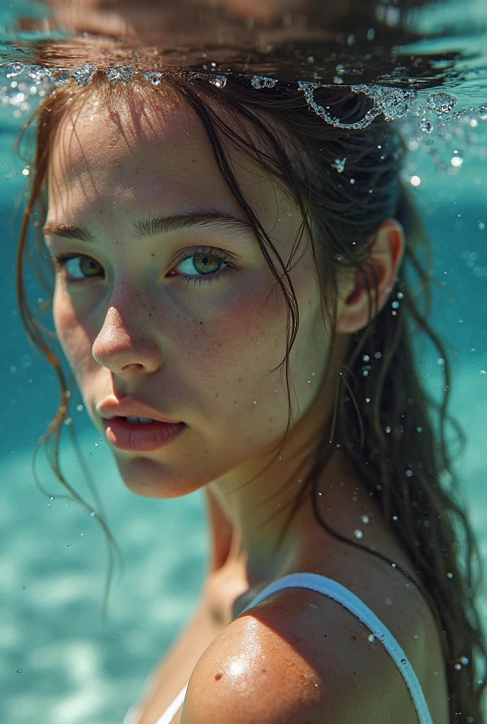 A mermaid swimming in an ocean of diamond drops floats ashore. Her eyes are full of hope, from which tears flow