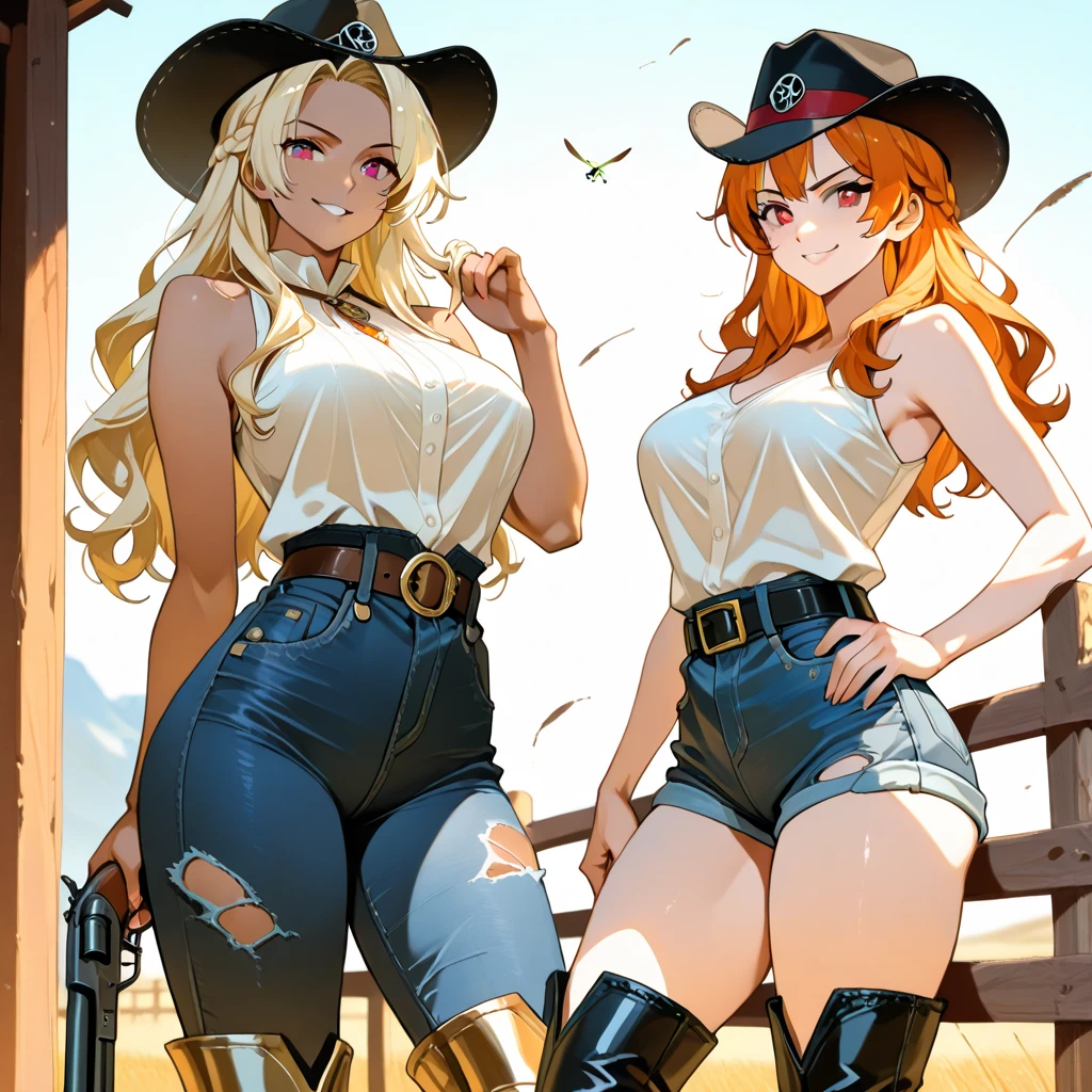1female，45 yers old，Married Woman，熟妇，plumw，extremely large bosom， 独奏，（Background with：Endless savannah，herds of horses）Standing on the Grassland， She has long pink hair，seen from the front，， mostly cloudy sky，（（（tmasterpiece），（Very detailed CG unity 8K wallpaper），best qualtiy，cinmatic lighting，detailed back ground，beatiful detailed eyes，Bright pupils，Black eyes，Snow-whiteskin，Redlip（Very fine and beautiful），（Beautiful and detailed eye description），ultra - detailed，tmasterpiece，））facing at camera，A high resolution，ultra - detailed），revealing breasts，Bare genitalia，  Bulge，legs are open，Raised sexy，Camel toes，Desire for dissatisfaction，frontage，（Wearing：Blue denim vest，Bare，black lace cleavage underwear，nakeness，Cowboy hat ）