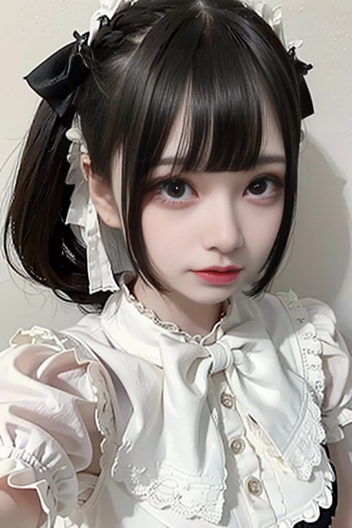 (​master piece:1.2, Best Quality), Realistic, (real picture, Intricate details, depth of fields), highly-detailed, ((Black Lolita Dress, puff sleeves)), (Neat face), (Teenage Japanese girl sitting in a space station), (Short wavy hair, Blunt bangs), Fair skin, Parted lips