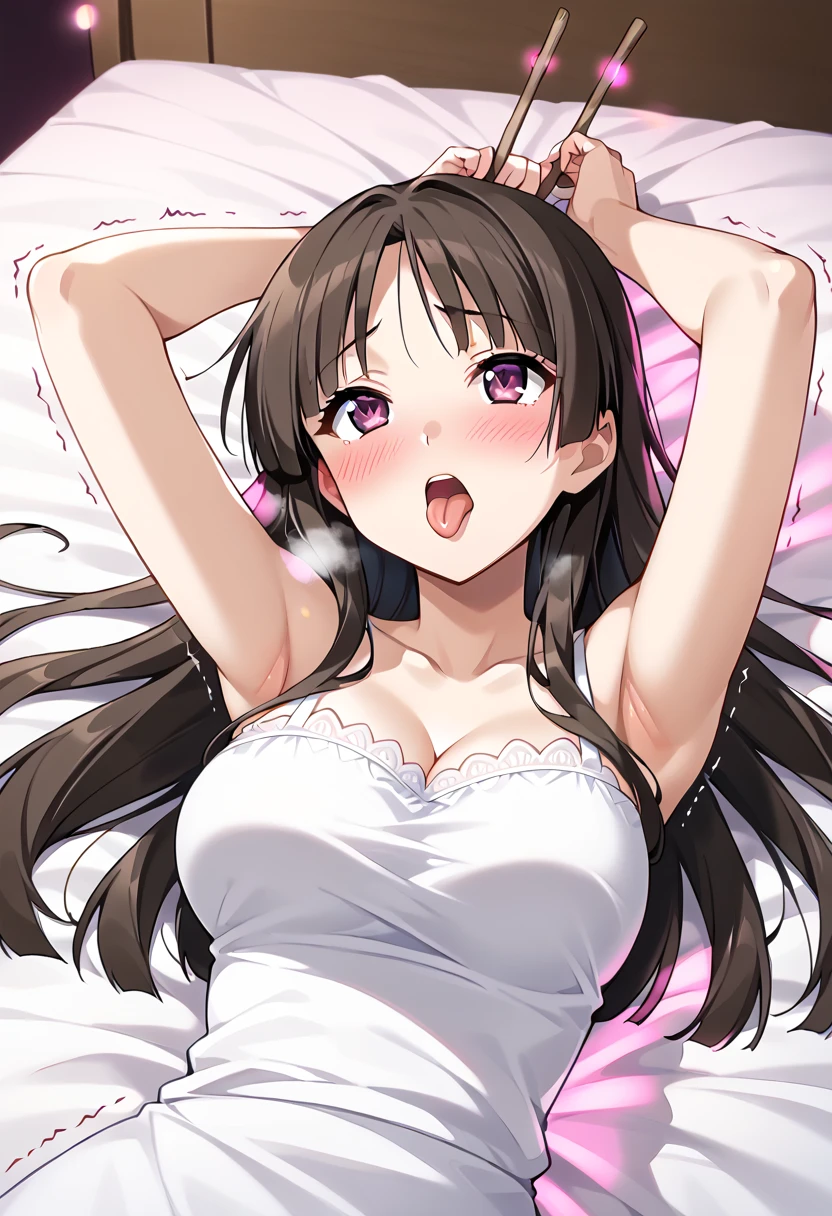 (masterpiece, extremely detailed 8k CG, sharp line:1.1), Mai Sakurajima, official art, colorful, beautiful japanese anime style big eyes, one pretty woman, light brown hair, (detailed white thin lace sheer mini bra, detailed white thin lace sheer mini t-back panties:1.2), dark brown eyes, cute, sexy, down blouse, (from above, pov:1.3), crouch on bed:1.2, lean forward on boy, face focus, mouth open wide, (cum in mouth, cum on breast:1.4), sperm on face, Sexual arousal, nose blush, nipple erect, bukkake, wet and see-through, small hard Nipple erection:1.4, Through nipple, looking at viewer, shy, (large breasts), Cleavage, hand gesture seizing a thick invisible clear stick like male genitalia in front of the mouth:1.3, (erect nipple shape clearly visible:1.3),