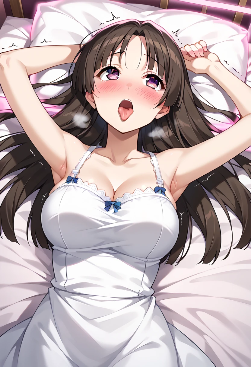 Male genital insertion,missionary position,Vaginal ,Dark Brown Hair,Twin tails,Cat ear,Big Breasts,Pink ribbon hair clip,Heart Hair Ornament,White dress,Cute Bed,