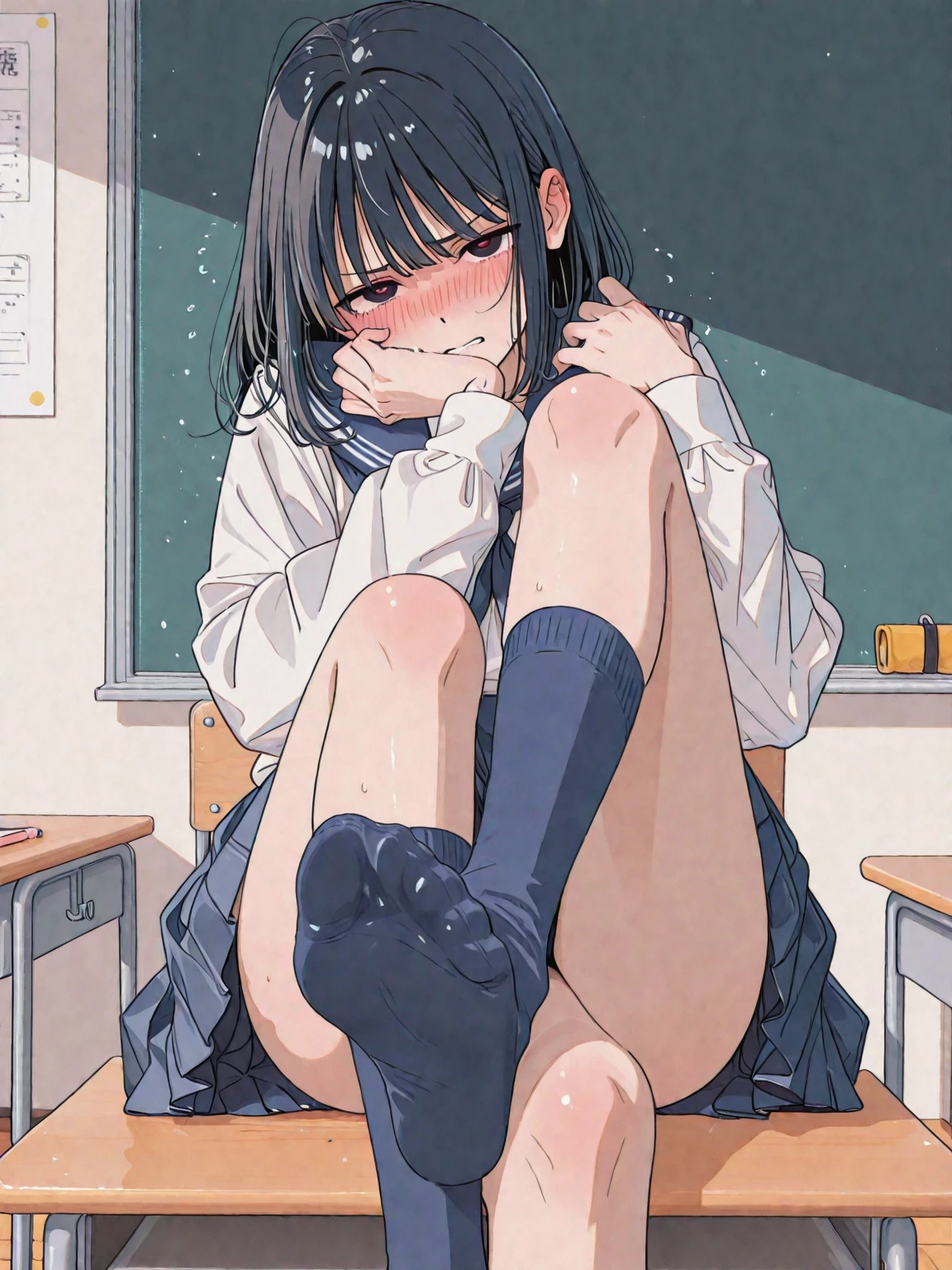 Masterpiece Top Quality High Resolution、(Cardigan), Sit with your knees bent、, Long sleeves, (Black skirt),micro skirt, Pleated skirt, beauty legs 、in a school、As if looking up from below、Ashamed