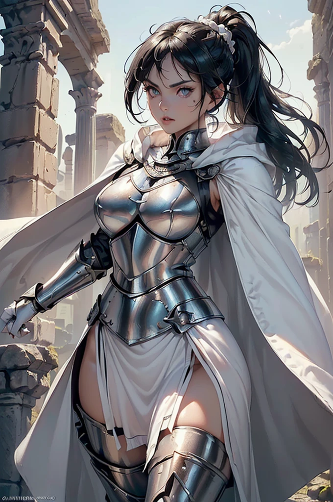 (Random Battle Poses:1.5),(Movie-like scene,Fantasy art,Best image quality,(8K),Ultra-realistic,最high quality,high quality,High resolution,high qualityな質感,High detail,beautiful,detailed,Extremely detailed CG,detailedなテクスチャ,Realistic facial expressions,masterpiece,in front,dynamic,bold),1 Girl,非常にdetailedな肌,curve,,beautiful胸,Big Breasts,White skin,Big Breasts勃起した乳首,(Thin Hair),(Soft Hair),(Super Straight Hair),Long, flowing bangs,Very light coppery amber hair,Hair above one eye,(Leather boots,(Asymmetrical Mechanical Armor),(Red lace long dress with embroidery,See through:1.2))