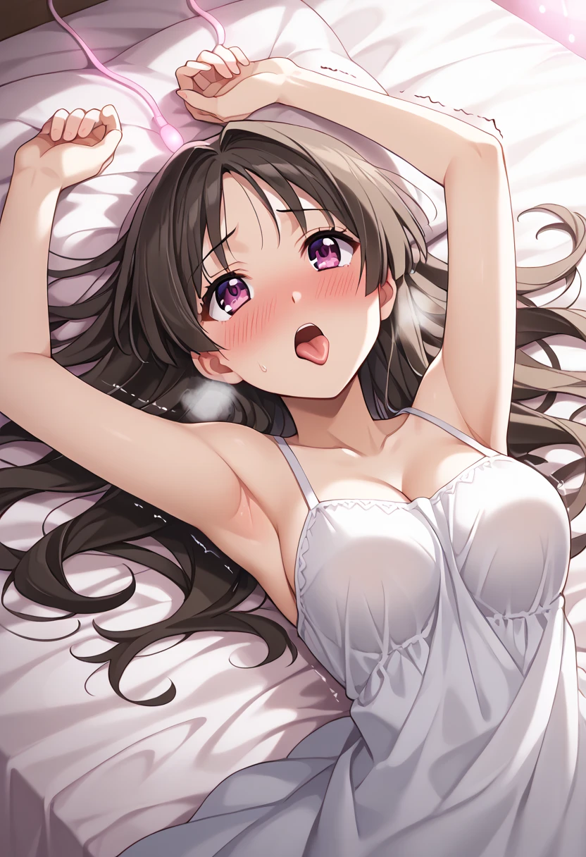 ((masutepiece)), ((Best Quality)), (Ultra-detailed), Anime style, look down from above, on the bed, Cute s, 1girl in, Solo, underwear00, ((Beautiful eyes)), large full breasts, Smile