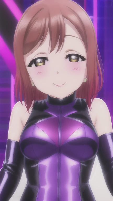 1 girl,NSFW,Maki Nishikino ,(lovelive),clavicle, purple glowing eyes,absurd, brainwashing,empty eyes,shaded face, huge breasts, fearless smile,(black latex tight bodysuit),avert your eyes , 全身shape, ((stand up, salute)),(highest quality、4k、8k、High resolution、must have:1.2)、Super detailed、(reality、reality的なです、reality的な:1.37)、ticker、hyper hd、studio lighting、ultra definition paint、sharp focus、Physically based rendering、extreme details、Professional specifications、vibrancy and color、blurry、sports portrait、landscape、horror style、anime big breasts、SF、photograph、concept artist、five fingers, perfect body, {{{masterpiece}}}, {{{highest quality}}}, {{Super detailed}}, {shape}, {{very delicate and beautiful}},Improved cost performance、all roles、Canon 5D MK4でphotograph、photograph,