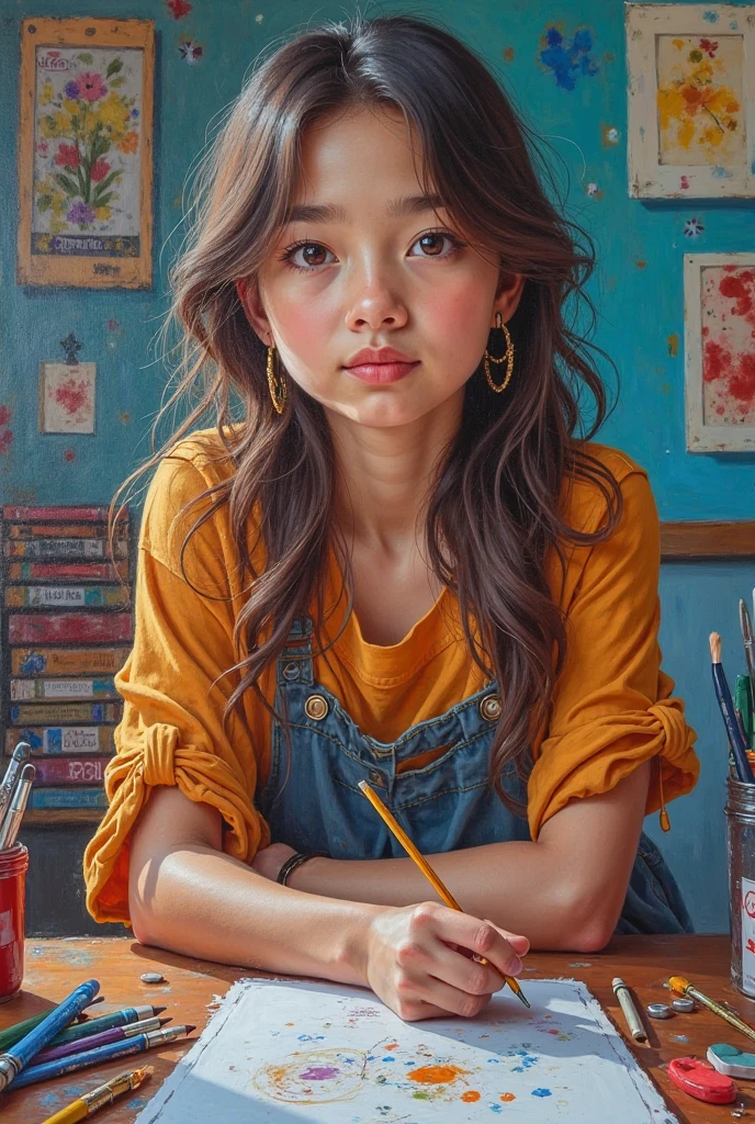 girl with long brown hair tied in a ponytail, miniskirt, blue t-shirt, sexy, in her bed next to many stuffed animals, (art inspired by Bill Sienkiewicz, intricate details, oil painted )