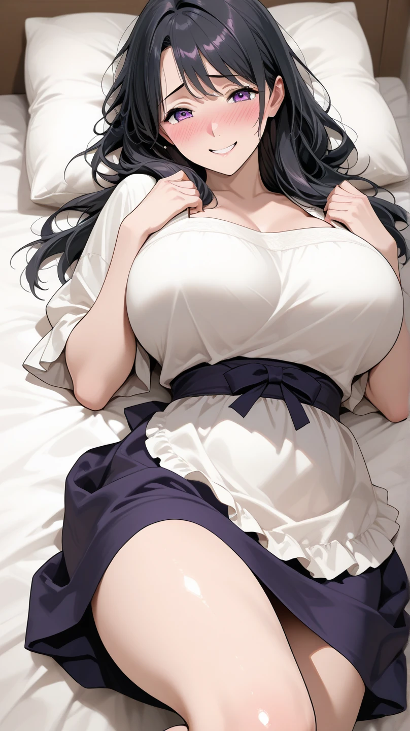 beautiful lady、(gigantic breasts)、Long Black Hair、ponytail、White ruffled shirt、skirt、necklace、lying on bed