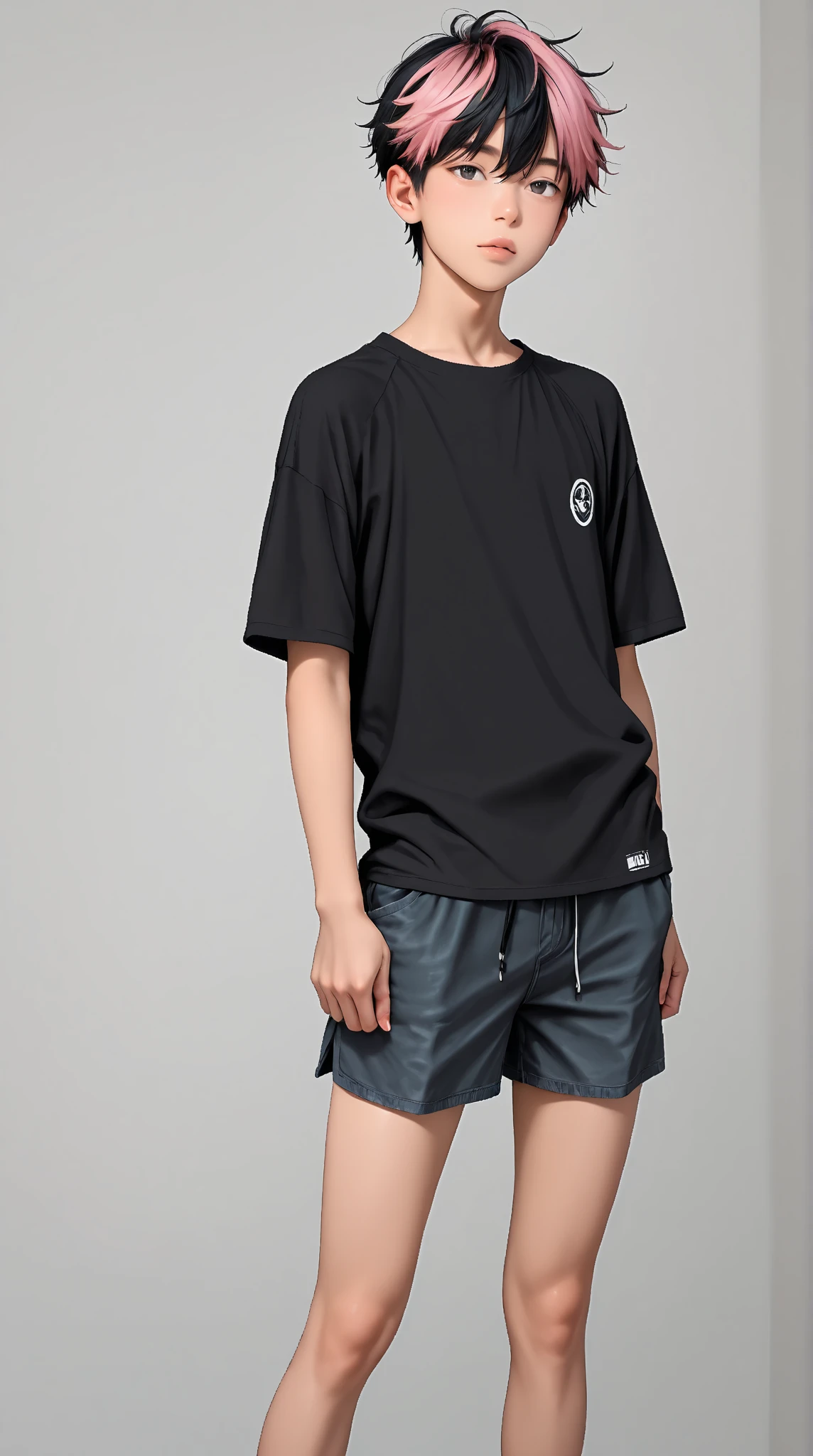 A pre-teenager with short boots and a black t-shirt
