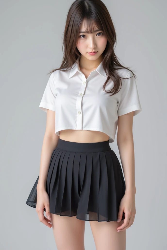 (Highly detailed CG:1.2), (masterpiece:1.2), (Highest quality:1.2),,((Absurd)),View your viewers,whole body, ,(One person),alone,(Long Hair),(Masayom uniform),(White shirt short sleeve),(navy_Blue pleated skirt),(Long skirt),Dynamic Angle,Are standing,Dynamic pose,((Delicate facial features)),,