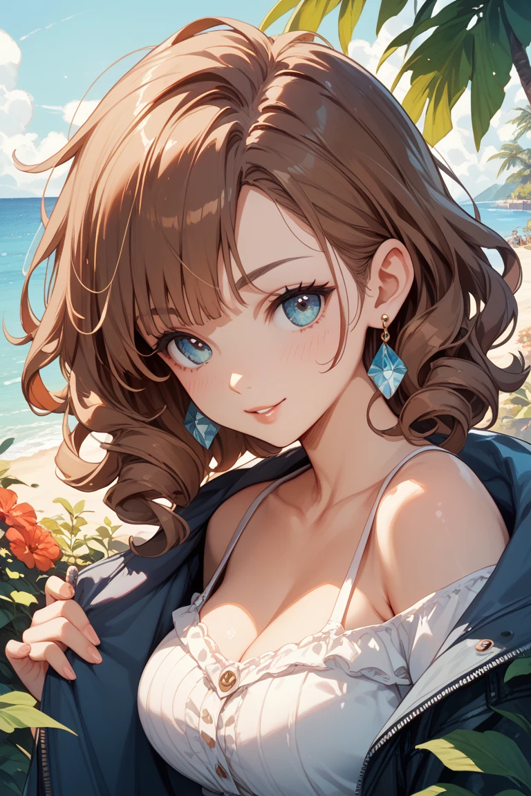 (((girl kawaii))), (a Very delicate and beautiful girl), ((Ultra-fine illustrations)), (Very delicate and beautiful), charactera girl, Please raise your hand, Wet, girl, age girl, Flowing Hair, (High Ponytail), (Long dark brown hair), Beautiful and fine hair, Very beautiful and detailed anime faces and eyes, (smile), Intricate details、Beautiful and delicate eyes, Bright Eyes, Open your mouth, Cleavage, Pale blue eyes, White skin, Frills, Hair Ribbon, Earrings, Gemstone Necklace, bracelet, (White Bikini), cardigan, Wet clothes, Open Court, White clothes, (Beach), (blue sky), sunlight, Backlight, Highly detailed light, ((Absurd)), (((wallpaper 8k CG))), masterpiece,