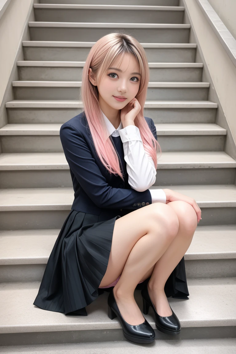 (nude :1.50), (Pink Hair :1.3),(Realistic, photo Realistic:1.2), ((highest quality)), moving her center of gravity back, Quite embarrassing, White panties, (Showing panties:1.4),Tight Skirt, (Under the skirt:1.3), (Lift up your skirt:1.3), (squat:1.4), Put your heels on the ground, Spread your legs a little, 膝を上げてsquat, Put your butt on the ground, black penny loafers, Beautiful face details, Real human skin, Gentle expression, Front view, angle From below, Realistic, photoRealistic, cute, Short skirt, squat deep on school grounds, cute school girl, Japanese school girl uniform, Sailor suit, whole body,Smile, Natural smile, Charming smile, Captivating smile, (View Viewer:1.2), from the front, From below,