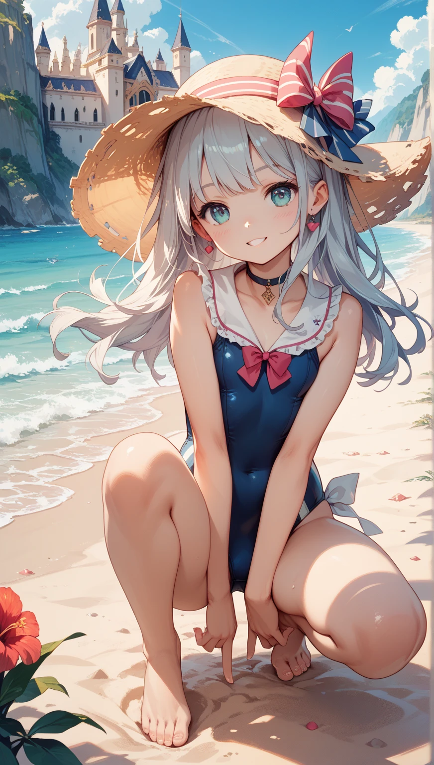 (masterpiece, computer, mejor quality, Clear focus, shadow, anime-style, ultra high resolution, 8K, perfect anatomy, perfect face, (detailed face), ( Detailed eye ), score_9, score_8_above, score_7_above, score_6_above, score_5_above, score_4_above, source _animated, Label 1, Label2, quality_masterpiece, Anatomically Correct, beautiful face, perfect face, Beautiful and highly detailed face and eyes, Attractive face, detailed face, delicate facial features, detailed skin, huge breasts, breast size cup D or DD, caderas anchas, gigantic butt, thick thighs. looking at the spectator. Anime style illustration of a beautiful woman with an elegant and sensual look. Hyperrealistic anime girl on a sunny beach, kneeling on the sand while holding a red pencil in her right hand. She has long, silvery-white hair tied back in a high ponytail with a large black bow, big blue eyes with a tender and curious expression, skin blushed cheeks. She wears a sleeveless light blue dress with a plunging neckline that reveals part of the bust, tight at the waist with a skirt that expands slightly. In the background you can see the bright blue sea, soft waves and a sky with fluffy clouds. warm lighting, Very detailed anime style, focus on soft textures, Luminous skin, shiny hair and a summery and adorable atmosphere.