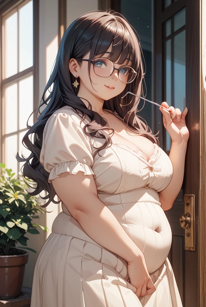 Full body girl, pregnant, big belly, big breasts, brown eyes, glasses, , shy, earrings, long hair, , brown hair, tsundere, embarrassed, pout, Very thight dress, best quality