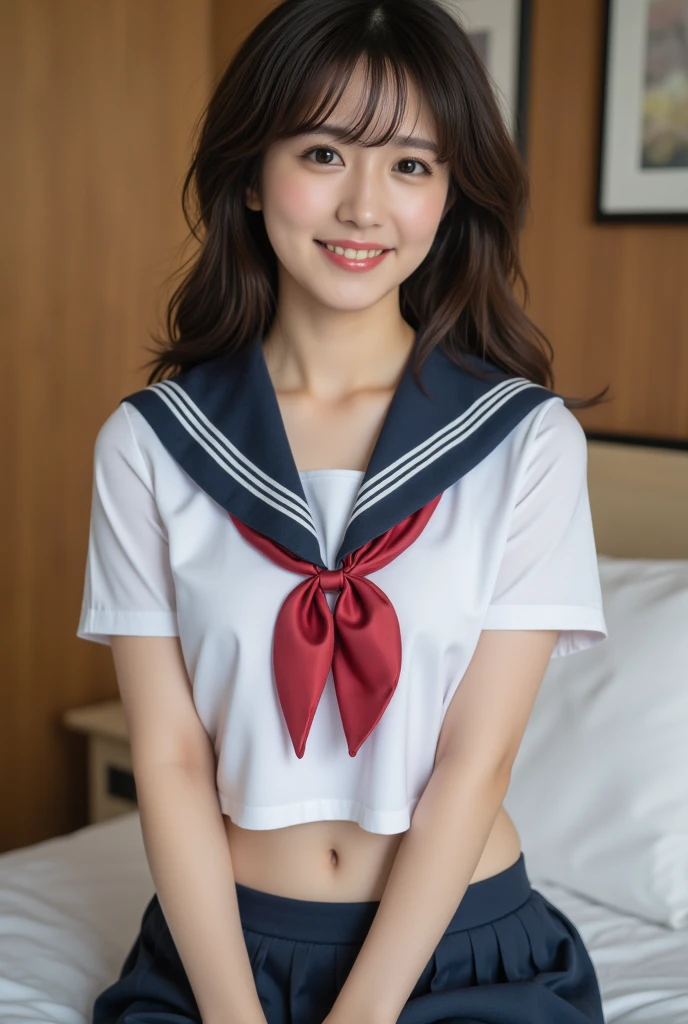 (((perfect anatomy, anatomically correct, super detailed skin))), 1 girl, japanese, high school uniform, from front, shiny skin, detailed hair, detailed face, detailed eyes, (long hair:1.5, brunette hair:1.7), bangs, hair between eye, light brown hair, brown eyes, babyface, mole under eye, lip gloss, beautiful clavicle, beautiful body, beautiful breasts, beautiful thighs, beautiful legs, camel toe, ((detailed cloth texture, short sleeves, all dark blue cute sailor suit, dark blue pleated skirt, dark blue sailor collar, ((red sailor scarf)), white socks, brown loafers)), white panties, beautiful scenery, summer, lying on back, ((close eyes)), (sleeping), in the bed, (8k, top quality, masterpiece:1.2, extremely detailed), (realistic, photorealistic:1.4), beautiful illustration, natural lighting, (semen on forehead:1.2), (semen on head:1.4), (semen on thighs:1.8),