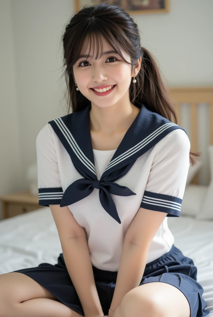 ((highest quality, 8K, masterpece :1.4anime)), highest real,Sharpness:1.3, Perfect Body Beauty:1.4,super detailed face and skin texture,(Glowing skin) ,((super real,best quality)),(soft lighting),super detailed face, fine eyes, double eyelid,(pov),(((1 girl))),fine detail,highly detailed face and eyes, (cute face:1.6), ((NSFW:1.4)), my sister,18 years old,(JAPANESE IDOL),(huge breasts :1.8,large breasts:1.8,beautiful areola,small areola),(Glowing skin),((Perfectly rendered hands and fingers))-----top-quality、masterpiece、((standing,arched back:1.3)),((close up face:1.1,upper body:1.1)), (on the bed),(pureerosface_v1),realisticlying,(Beautiful BROWN hair,CUTE LONG hair),((top-quality,8K,masterpiece:1.4)),photorealistic, masterpiece,((school uniform:1.4,sailor suit:1.5,skirt)(,((make eye contact with the audience)),((Composition from the side:1.2)),((SMILE FACE:1.4)),(Bright expression),---//パイズリ//---((LONG penis, breasts blowjob)),(((paizuri:1.5, penis is between breasts))),((((Close your breast with both hands))))---//cum//----((Licking penis,cum facial,cum in mouth))