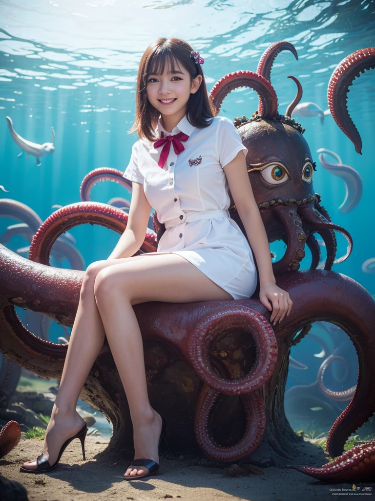 High school girl fighting a giant octopus、full body Esbian、wet miniskirt uniform(checkered)、hair wavy、Disgusting look、、tentaculata、In the sea、