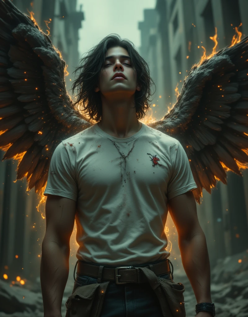 Angry young beautiful man with wings, one wing is broken, wings with a lot of deatils, storm, thunder, face full of anger grief, batrayal, power, glory, chaos, pain, sadness, sorrow, hopeless, more pain, anger, anger, anger, anger, blood, man in , blood, white in blood, wings in blood, man beautiful young, anger, blood, blood, white wings in blood, anger, sadness