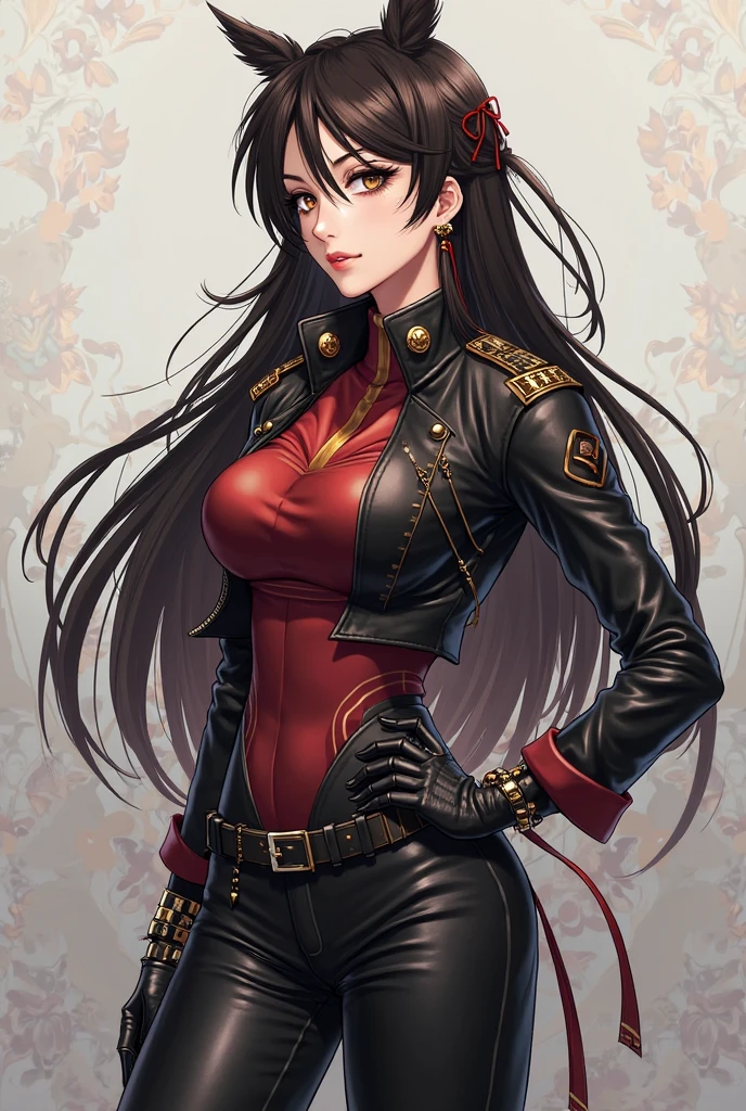 Short, tight mini skirt that covers my legs just above my knees. The skirt is bright red and has a wide black belt holding it in place.. I also wear a fitted jacket that covers my shoulders and chest.. The jacket is black with gold details on the collar and buttons.. And I have white gloves that cover my hands up to the fingers, robot girl (from head to toe), sexy and cute