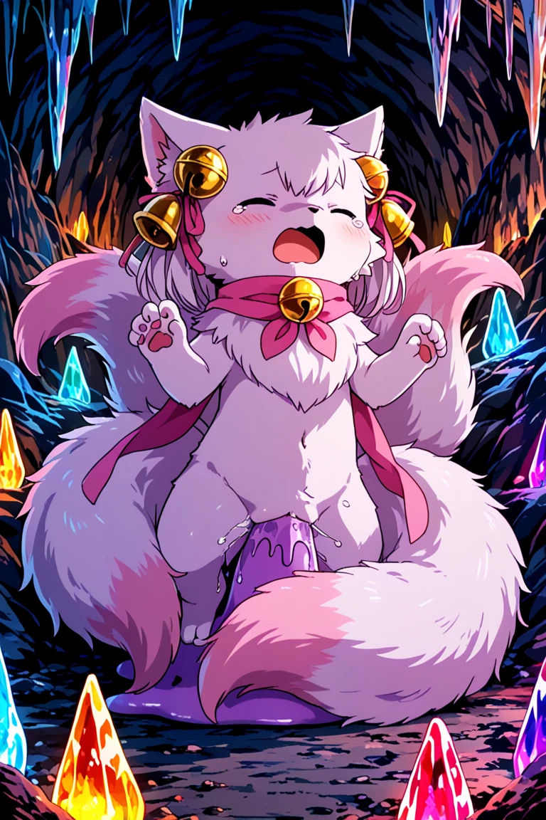 heart,amal,fantastical,pussy,open your arms to the audience,Pokemon,furry,kemono,cute,non-human, Hairless,Animal body,red fluffy long hair,white color fluffy body,surprised face,body like a puppy,Gemstone Collars,deformation,light shines in
