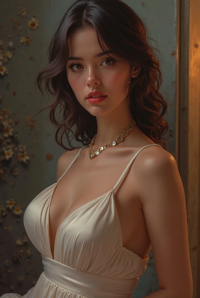 Best quality, tmasterpiece, A high resolution, 1 busty girl, Porcelain dress, hair adornments, choker necklace, jewely, Nice face, upon body, dingdall effect, actual, shadow studio, edge lit, twotonelighting, (highdetailskin: 1.2), 8k ultra high definition, SLR camera, Soft lighting, high high quality, Volume light, , photore, A high resolution, 4K, 8K, The background  blurred,