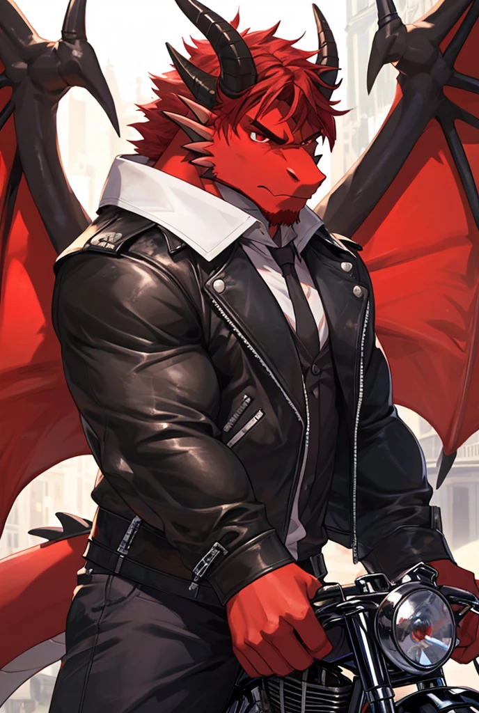 ,femboy , thin ,Red,male,dragon,in sexy revealing biker outfit, full image,leaning on motorcycle