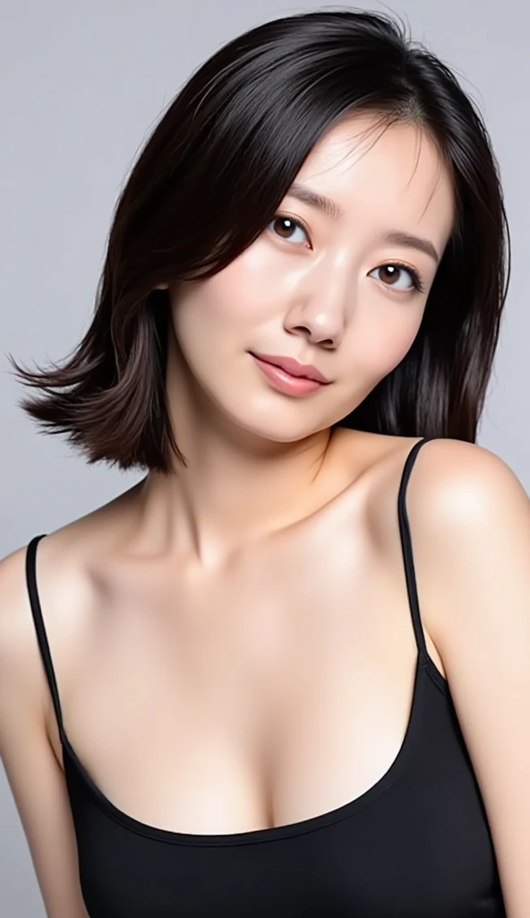 highest quality, very high resolution, (realistic:1.4), (Accurate reproduction: 1.4), big breasts, facial details, fine eyes, short hair, clavicle, Extreme Close Up clavicle, sexy camisoles, From different perspectives, shiny skin, smile,