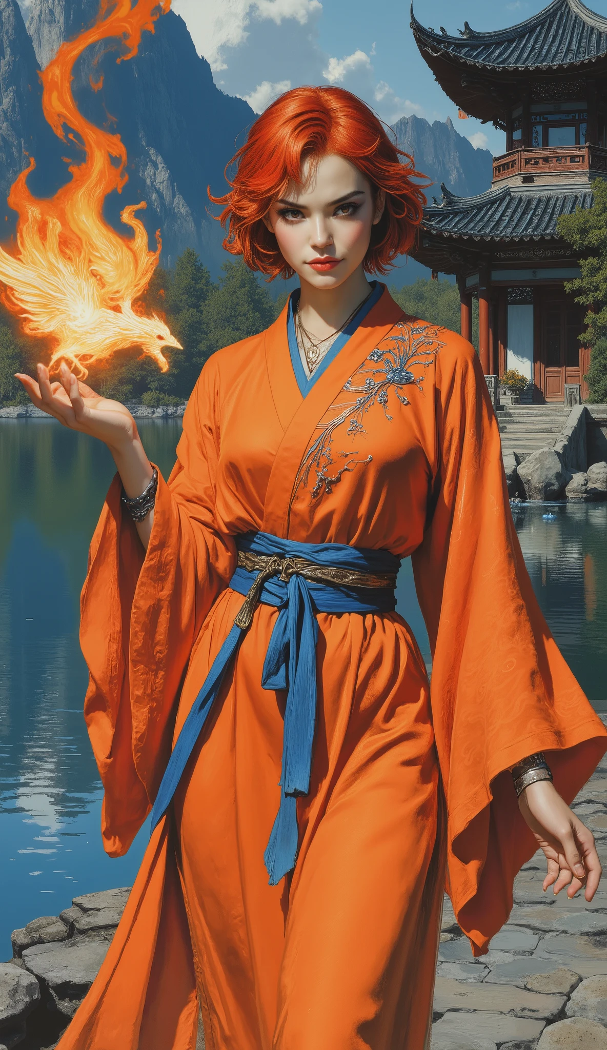 A breathtakingly beautiful noblewoman with messy short bright red hair and side-swept bangs, arched thick eyebrows, sharp shrewd eyes, and a slender face. She has a slim figure and is wearing a fantasy wuxia style loose solid-colored Taoist robe with wide flowing sleeves and a matching flowing long skirt. The robe is adorned with a phoenix totem made of flames. Color palette: predominantly orange and maroon, with blue accents. She is elegantly strolling in front of a graceful, ancient Chinese-style pavilion by a serene lake. A spirit bird composed of pure fire hovers and flies around her outstretched hand. Anime style Chinese martial arts fantasy illustration, dynamic lighting, intricate details, cinematic composition, hyper-detailed, masterpiece, perfect anatomy, flawless hands and fingers, stunning visual, ethereal fantasy, dramatic lighting, a blend of traditional Chinese painting aesthetics and modern anime visuals.