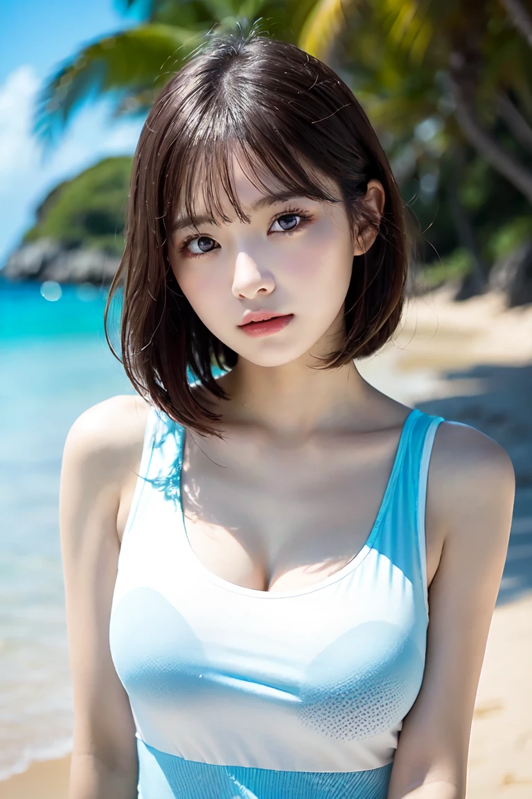 ((Highest quality, 8K, masterpiece :1.3)), (Sharp focus :1.2, Beautiful woman with perfect figure :1.4, Slim Abs :1.2), ((Big Breasts, Emphasize cleavage:1.3)), (Photorealistic:1.4), (realistic:1.4), (Short Bob Hair, Light brown hair:1.5), (cheerful Smile:1.5), Highly detailed face and skin texture, Fine grain, double eyelid. Makeup face, A little bit of lipstick, necklace, Earrings, sex appeal, Sexy gravure pose, ((Blue Tank Top、White Skirt、Seaside pier、Sexy laughing beauty。Pose with emphasis on the chest。:1.3)