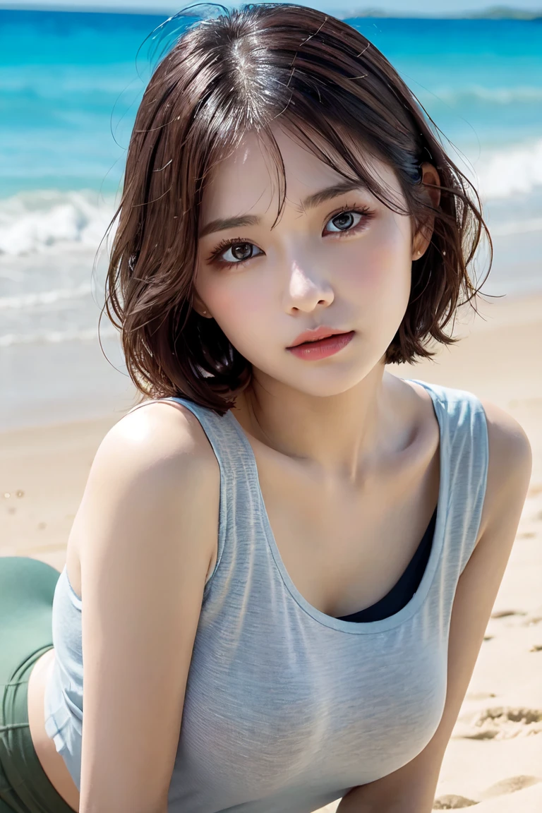 (masterpiece:1.3), (8K, Photorealsitic, Raw photography, Top image quality: 1.4), japanes, (1girl in), beauitful face, (Lifelike face), (A dark-haired, short-hair:1.3), Beautiful hairstyle, Realistic eyes, Beautiful eyes, (real looking skin), Beautiful skin, enticing, 超A high resolution, A hyper-realistic, high-detail, the golden ratio, Detal Face,see the beholder,middlebreasts,Pink bikini swimsuit、Pink swimsuit、Colorful swimsuit、Colorful swimwear、Ultra-fine swimsuit、Pink swimsuit