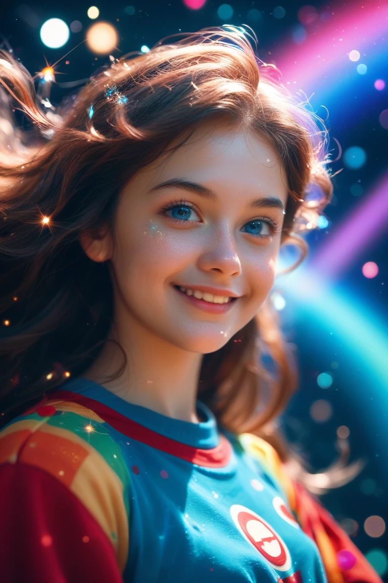 a closeup of a young CHILD with long hair and lights on her head, little girl with magical powers, painting digital adorable, Directed by: Hristofor Zhefarovich, portrait of magical young girl, glowing flowing hair, magic lighting overlays, menina bonita, luzes brilhantes! pintura digital, fiber optic hair, menina bonito, cabelos eletrificados, flowing glowing hair