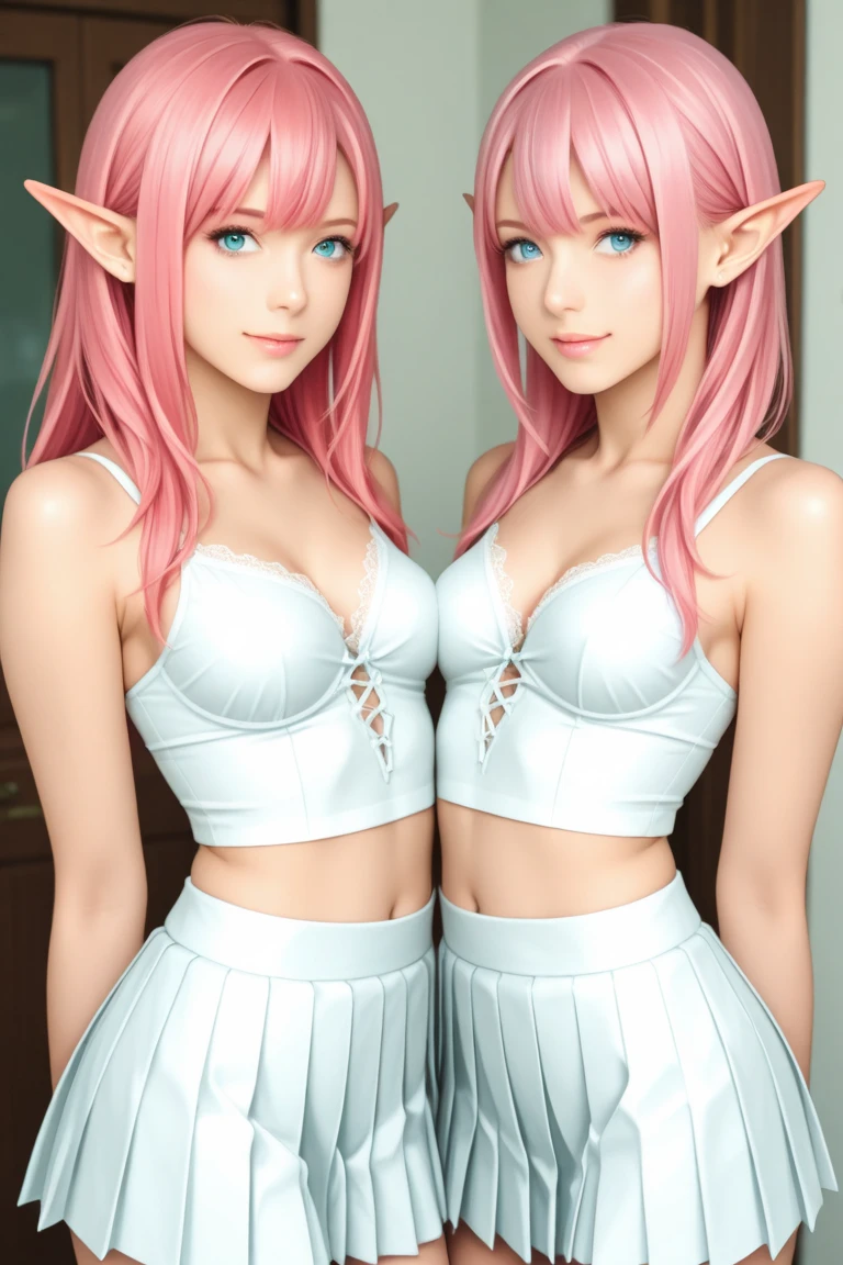 Create a woman elf with pink long hair in lingerie