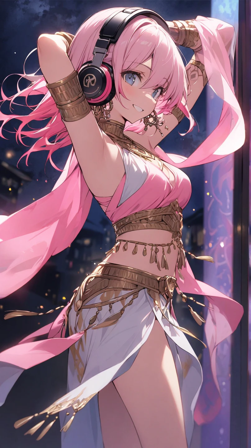 ((solo character, Japanese anime art style, vibrant colors, masterpiece, best quality, full body, beautiful hands, sexy pose, belly dance pose)), skinny anime girl dancing, ((pink hair, long hair, long bangs, yellow eyes, fair skin)), smiling and flushed face, medium breasts, ((colorful shawl, veils, transparent long sleeves over hands, exposed stomach, colored pants)), multiple gold bracelets with jewels, various gold earrings with jewels, various gold hair ornaments with jewels, various gold chain hair ornaments and jewelry, gold shoes with jewelry, ((colored bra with jewelry)) --auto --s2