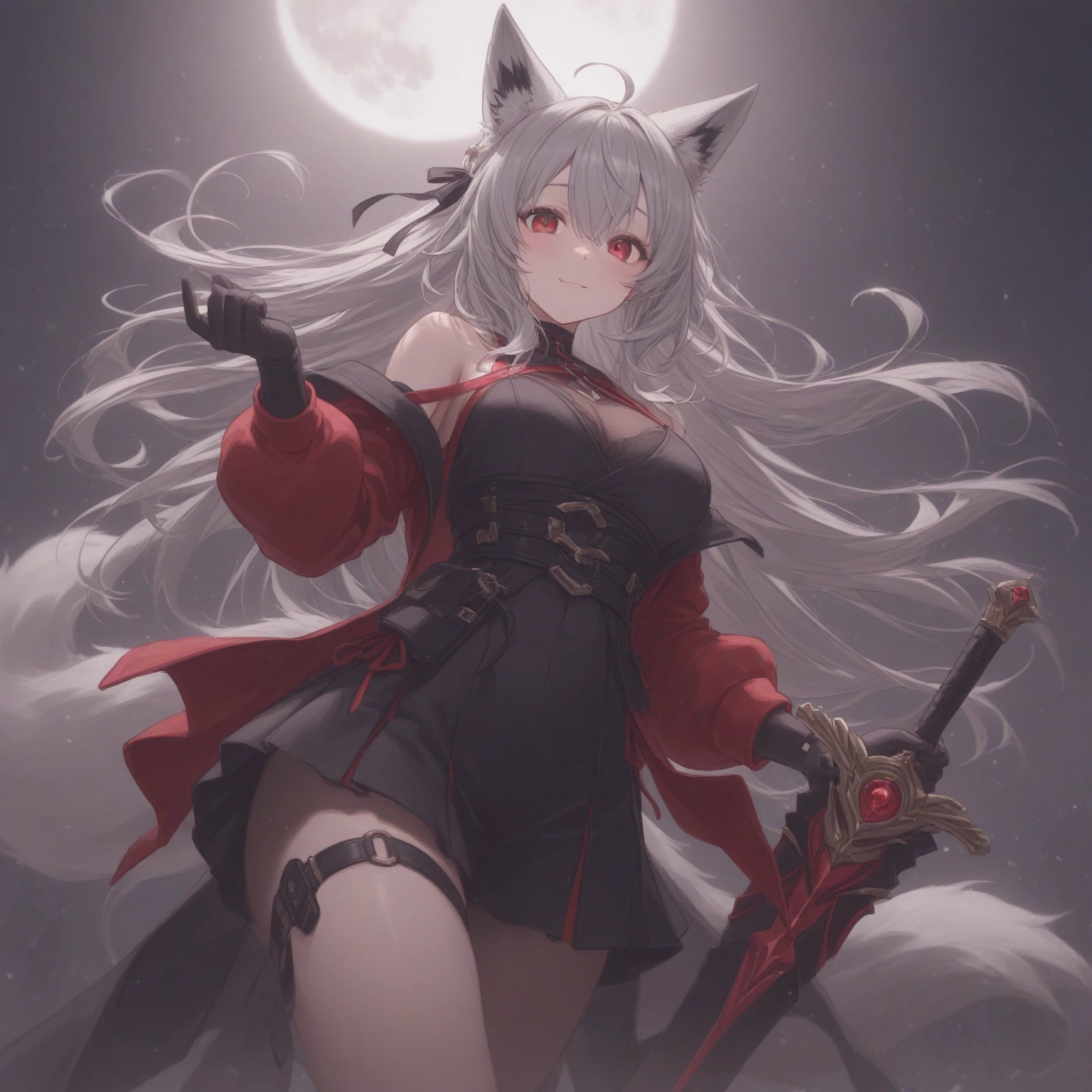silber hair、red eyes、One Vampire Girl、独奏、animesque、doress、a miniskirt、a moon、蝙蝠の羽、A sexy