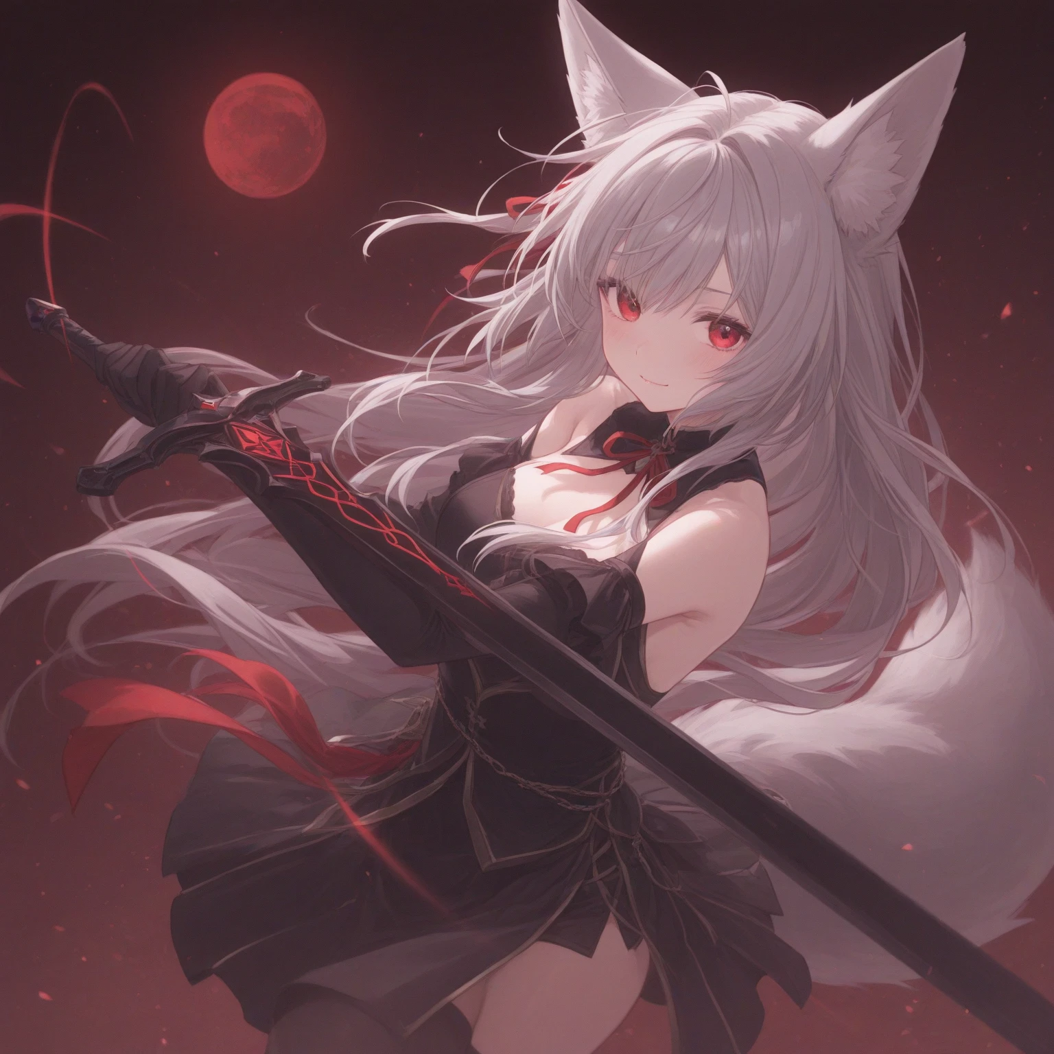 (masterpiece), best quality, expressive eyes, perfect face,((1girl)),final fantasy xiv,miqo'te,(heterochormia, left pink eye, right light blue eye:1.4),bone mask,(black elegant dress:1.2),bangle,big breasts,heel sandals,(white hair),long wavy hair,red moon scenary,cowboy shot,standing,fighting stance,weapon,scythe,action shot,eyeshadows, eye liner,glistening eyes, hyper detailed eyes, intricate eyes, beautiful eye,(face focus)