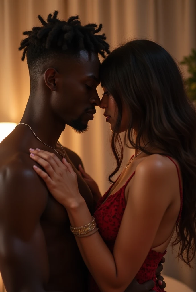 A very beautiful black with nice shape body woman and a black man looking at each other