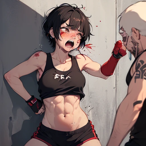 masterpiece, best quality, ultra-high-detailed, Disgusted face, white hair, red eyes, sigtuna julie , small breast, looking viewer like a trash , deep eyes , down shot, Warm body, hot body, A lot sweat , more sweat, hot temperature, sweating, Sweated a lot, warm room, bare shoulder, showing shoulder, Human, goth, emo, skinny,  bare shoulder, Tight thights, Front camera, Fit girl, muscle girl, fit body, navel, , glare, navel, midrifft, Boxing, six pack, abs, Muuaythai, Muscular, sweat all over body, punch