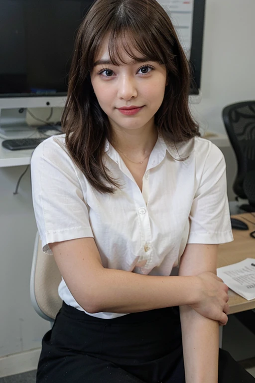 20 years hold hong kong office lady in a office, slim, beautiful face, symmetric face, look at camera, close up selfie, hyper realistic picture, white shirt, small breasts