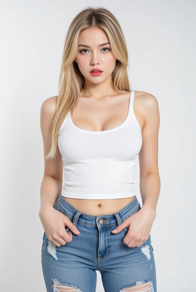 A gorgeous woman with messy hair and a white top and jeans posing for a photo, foto de modelo de menina slim, usando um top cropped sexy, usando um crop top, midriff nu, usando um top cropped, usando crop top, usando um top cropped, midriff exposto, tinyest midriff ever, usando uma regata preta cropped, cintura fina, hair messy!