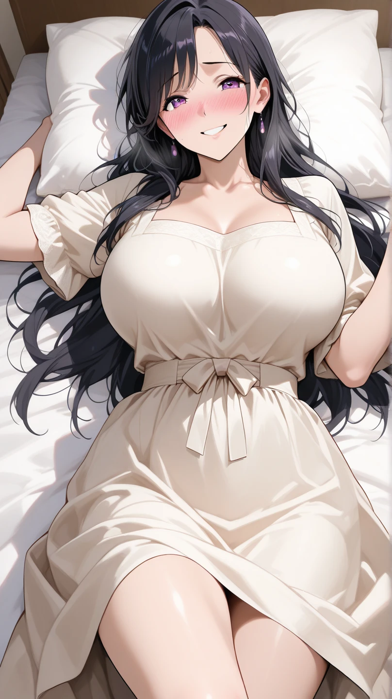 1girl, mature women,perfect ,black hair, long hair, (hair over one eye:1.4), messy hair, hair between eyes,plump, saggy breast, pajama, cute shy blush on , bedroom