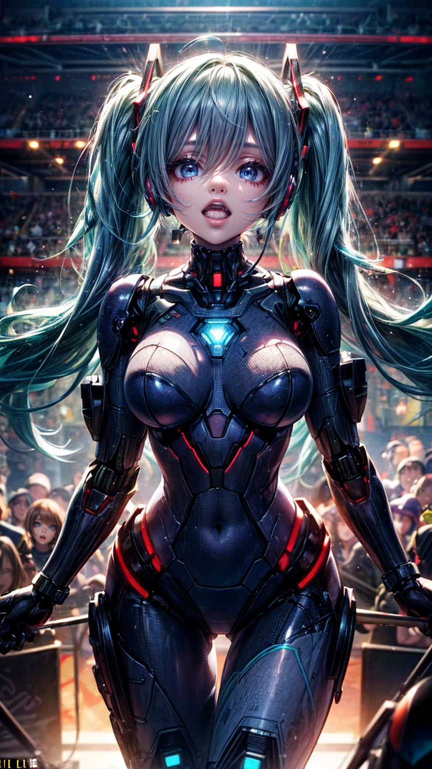 High resolution, Winner of numerous awards, Ultra high definition, Textured skin, retina,
masterpiece,(bestquality),highlydetailed,ultra-detailed,1girl, (A composition where a girl with giant roboT 1.4)(roboT)(,natural lighting:1.5,confidentexpression),(panorama:1.2),mecha, smile,angle、chrome,raw(Hatsune Miku:1.5)Green hair twintails.(マイクを持って🎤熱唱する、smile:1.5)(LIVE Stage:1.5)(A large crowd:1.5)(headset:1.2)