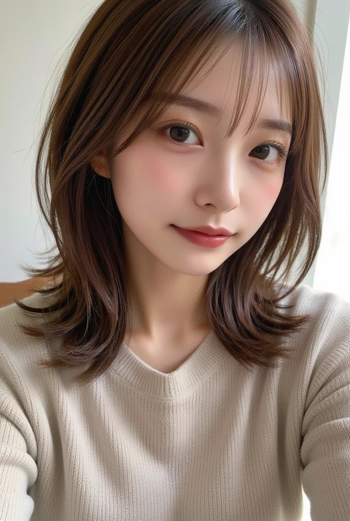 ((Woman taking a selfie in the bathroom mirror)),Highest quality、Ultra-high resolution、(Photorealistic:1.4)、1 girl、short hair、(Faded grey hair:1)、(Big Breasts:1.2)、Instagram Templates、There is a woman taking a selfie in the mirror.、Narrow waist、Narrow waistと太いヒップ、Her belly button was exposed、大きな胸とNarrow waist、Slim waist、physically:The smallest abdomen ever、Narrow waist、Slim girl photos、Narrow waist、The smallest abdomen ever
