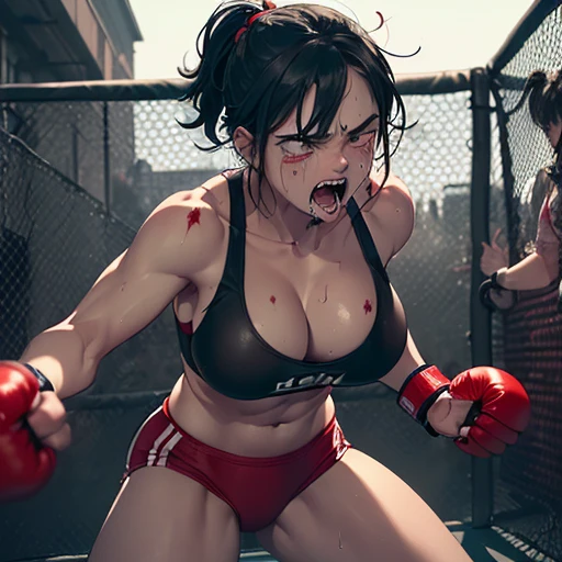 a female fighter is striking another female fighter's cheek by hard punch｝,  Her breasts protrude from a torn sports bra., two {bloody｝beautiful young female heavyweight fighters are fighting by extreme bareknuckle boxing in the octagon fighting ring of underground arena with audience. whole body picture. they are covered in scars and bruises. they are damaged terribry. Short-cut black hair, out of breath, drooling from mouth, one eye is closed, exhausted, drenched in sweat. Erect nipples. open finger glove. Ragged white and pink lined sports bra, high leg panty, Stockings. armwarmers. Whittled waistline, muscular, six-pack abs, very thick arms and thighs, super huge tits.