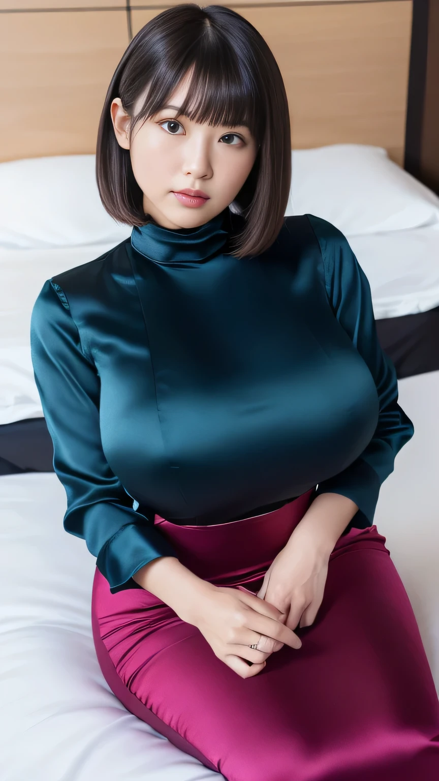 (8K, highest quality, masterpiece: 1.2)(Realistic, photoRealistic, photo-Realistic:1.37),Wearing a sleeveless turtleneck shirt made of silk satin with a strong shine and light blue color:1.5,She is wearing a long light blue satin skirt:1.5,Strong glossy satin,Soft, smooth and silky to the touch,The material is satin,The buttons on the front of the blouse are fastened:1.5,No exposed skin:1.8,blush,Embarrassed look,gigantic breasts:1.8,Ultra HD,Short Bob Hair,Plump,Chubby,Women around 30 years old,smile,bigbody,Sexy pose,upper body shot,I'm wearing long boots,