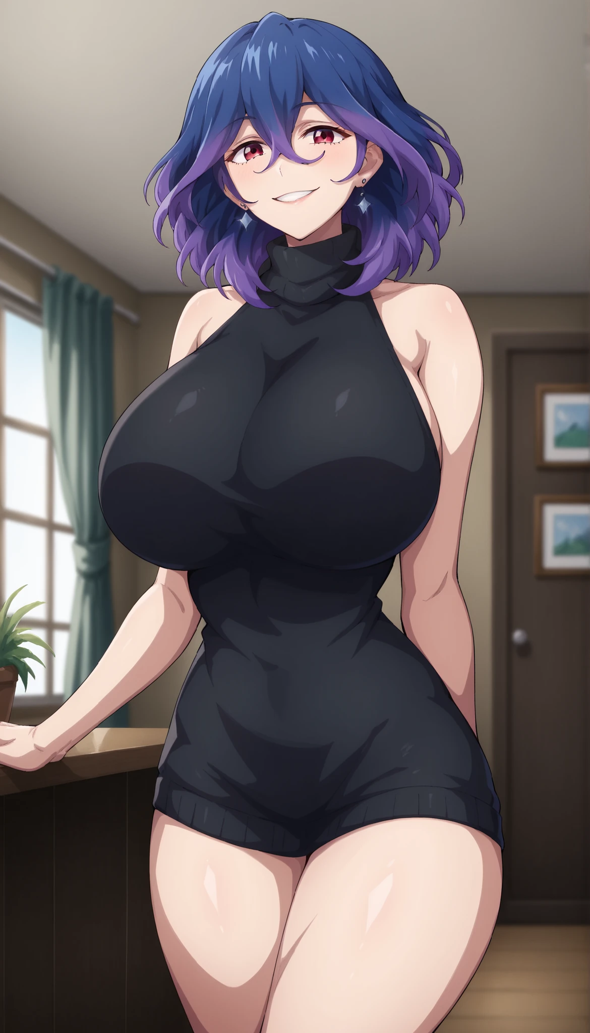 score_9, score_8_up, score_7_up, score_6_up, score_5_up, score_4_up
vermeil, vermeil, red eyes, hair between eyes, blue hair, purple hair, multicolored hair, medium hair,
sweater, bare shoulders, sleeveless, turtleneck, black sweater, thighs,
indoors, bent , smile,
looking at viewer, 1girl solo, ,,,,,,, earrings big breasts huge breasts , locking at viewer , shiroshisu style ,,,,,    iwao178 , iwao style 
