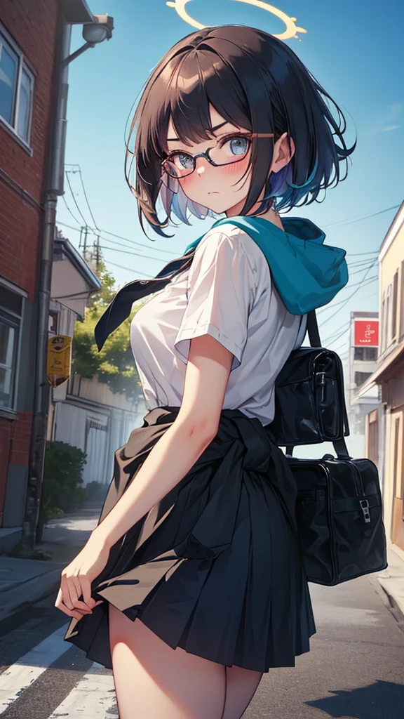 akanekurokawa, akane kurokawa, bangs, (Green Eyes:1.3), Blue Hair, Long Hair, dark Blue Hair,smile,Black-rimmed glasses,Cold shoulder tops,Short sleeve,Shorts,Stiletto heels,Walking,Daytime,Clear skies,whole bodyがイラストに入るように,
break outdoors, School,courtyard,
break looking at viewer, whole body,
break (masterpiece:1.2), Highest quality, High resolution, unity 8k wallpaper, (figure:0.8), (Beautiful attention to detail:1.6), Highly detailed face, Perfect lighting, Highly detailed CG, (Perfect hands, Perfect Anatomy),