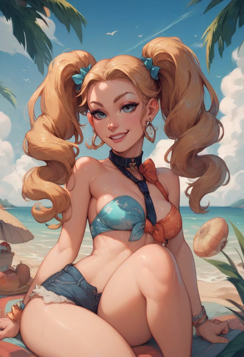 1girl, eyewear_on_head, swimsuit, blonde_hair, fruit, bikini, cup, cutesexyrobutts style, breasts, long_hair, solo, sunglasses, purple_eyes, cherry, smile, food, crossed_legs, drinking_glass, lemon_slice, jewelry, looking_at_viewer, sandals, cleavage, heart, lemon, holding, sitting, orange_(fruit), twintails, heart-shaped_eyewear, very_long_hair, underwater, earrings, anklet, medium_breasts, bubble, drinking_straw, orange_slice, holding_cup, drink, grin, umbrella, water